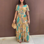 Hot Sale New Arrival -- In Stock Deep Yellow Full Plant Holiday Print Short Sleeve Waist Tie Belted Long Dress