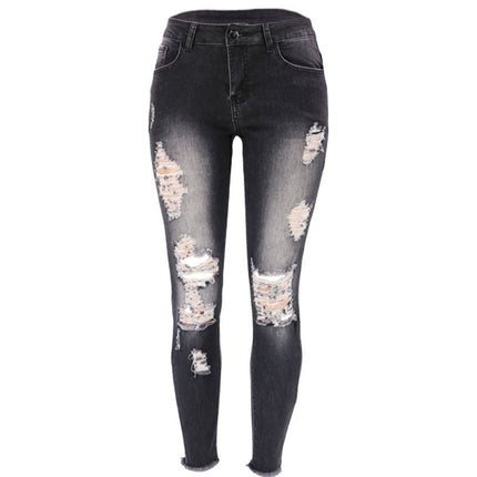 Summer high elasticity 9-point perforated women's clothing, tight fitting and hip lifting fashionable jeans with small feet