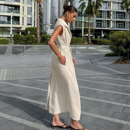 Cotton and linen dress women's khaki lace up shirt dress long skirt ﻿