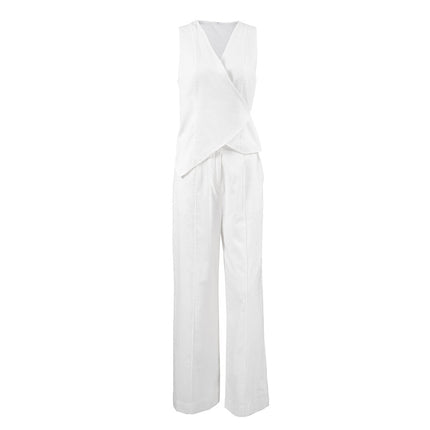 White cotton and linen vest set women's cardigan wide leg pants two-piece set