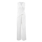 White cotton and linen vest set women's cardigan wide leg pants two-piece set