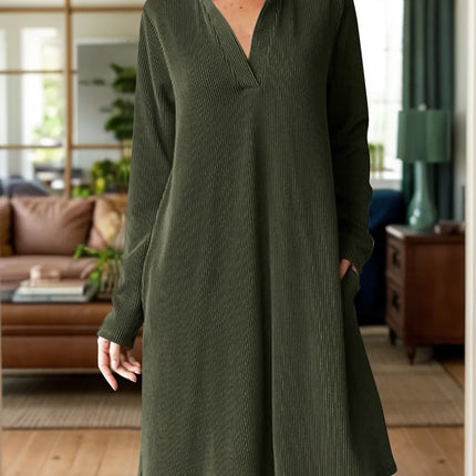 Notched Long Sleeve Mini Dress with Pockets