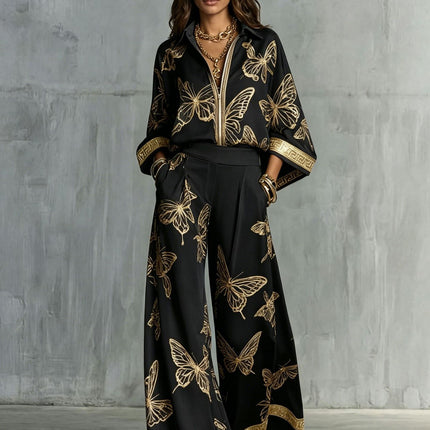 Style Women's Retro Printed Sexy Deep V Neck Loose Zipper Top with Wide Leg Pants Two-Piece Set