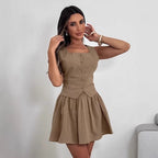 Cotton and linen vest short skirt set women's khaki A-line skirt