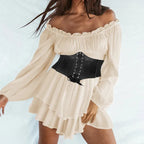 Women's Ruffles Romper Dress With Belt White A Line Long Sleeve Dress Off Shoulder Knee Length Ladies Elegant Dress Rave Outfits