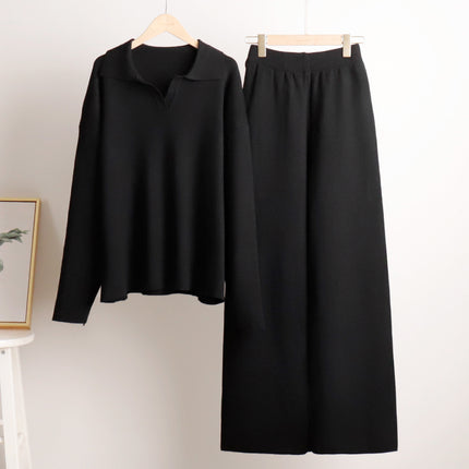 Knitted Sweater Straight Wide Leg Pants Two-Piece Set High Neck