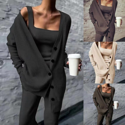 Solid color knitted jacket three piece set