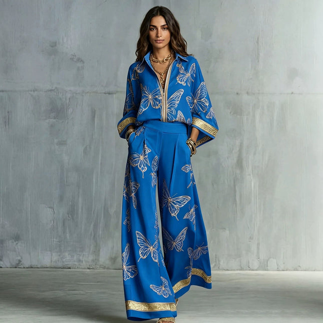 Style Women's Retro Printed Sexy Deep V Neck Loose Zipper Top with Wide Leg Pants Two-Piece Set
