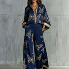 Style Women's Retro Printed Sexy Deep V Neck Loose Zipper Top with Wide Leg Pants Two-Piece Set