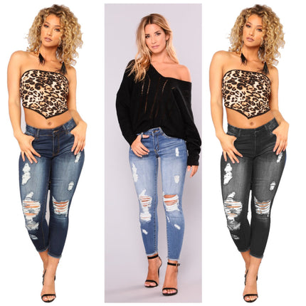 Summer high elasticity 9-point perforated women's clothing, tight fitting and hip lifting fashionable jeans with small feet
