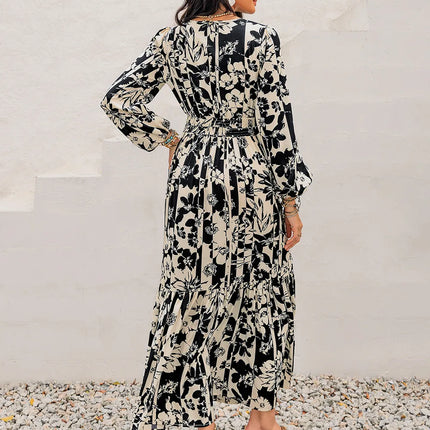 Smocked Printed Tie Neck Long Sleeve Dress