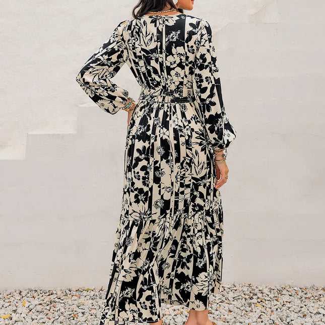 Smocked Printed Tie Neck Long Sleeve Dress