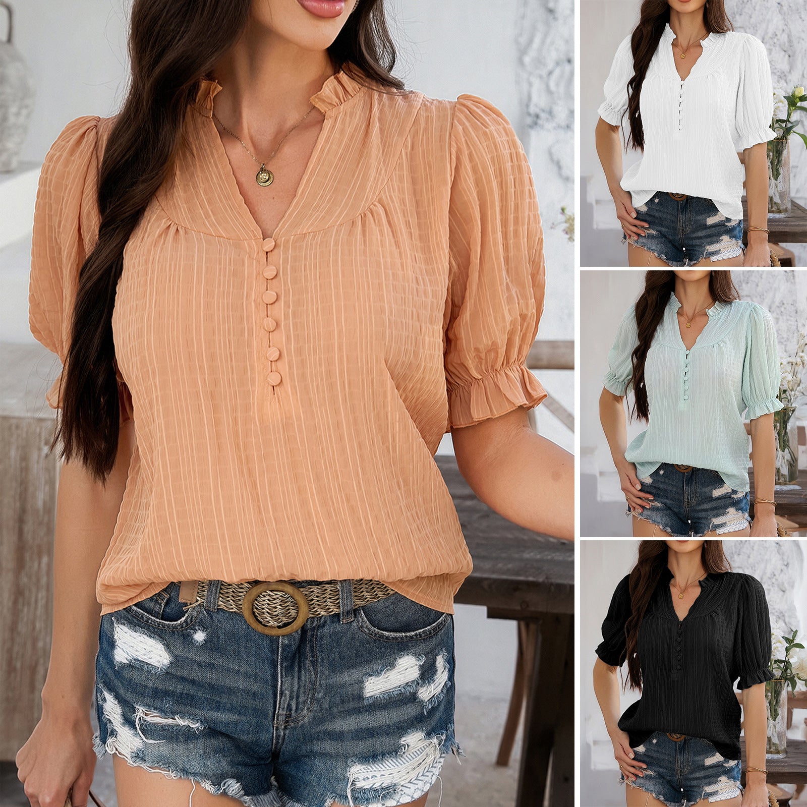 Casual commuting style horn five quarter sleeve top for women's clothing