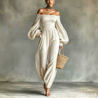 Style Off-Shoulder Lantern Sleeve Pleated Loose Jumpsuit for Women