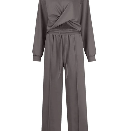 Crisscross Round Neck Top and Drawstring Pants Set