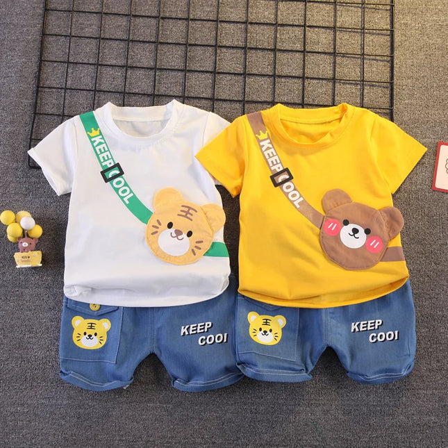 Children's clothing children's short sleeved shorts set stylish baby summer clothing children's shoulder bag T-shirt cartoon set
