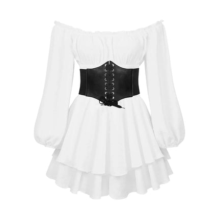 Women's Ruffles Romper Dress With Belt White A Line Long Sleeve Dress Off Shoulder Knee Length Ladies Elegant Dress Rave Outfits