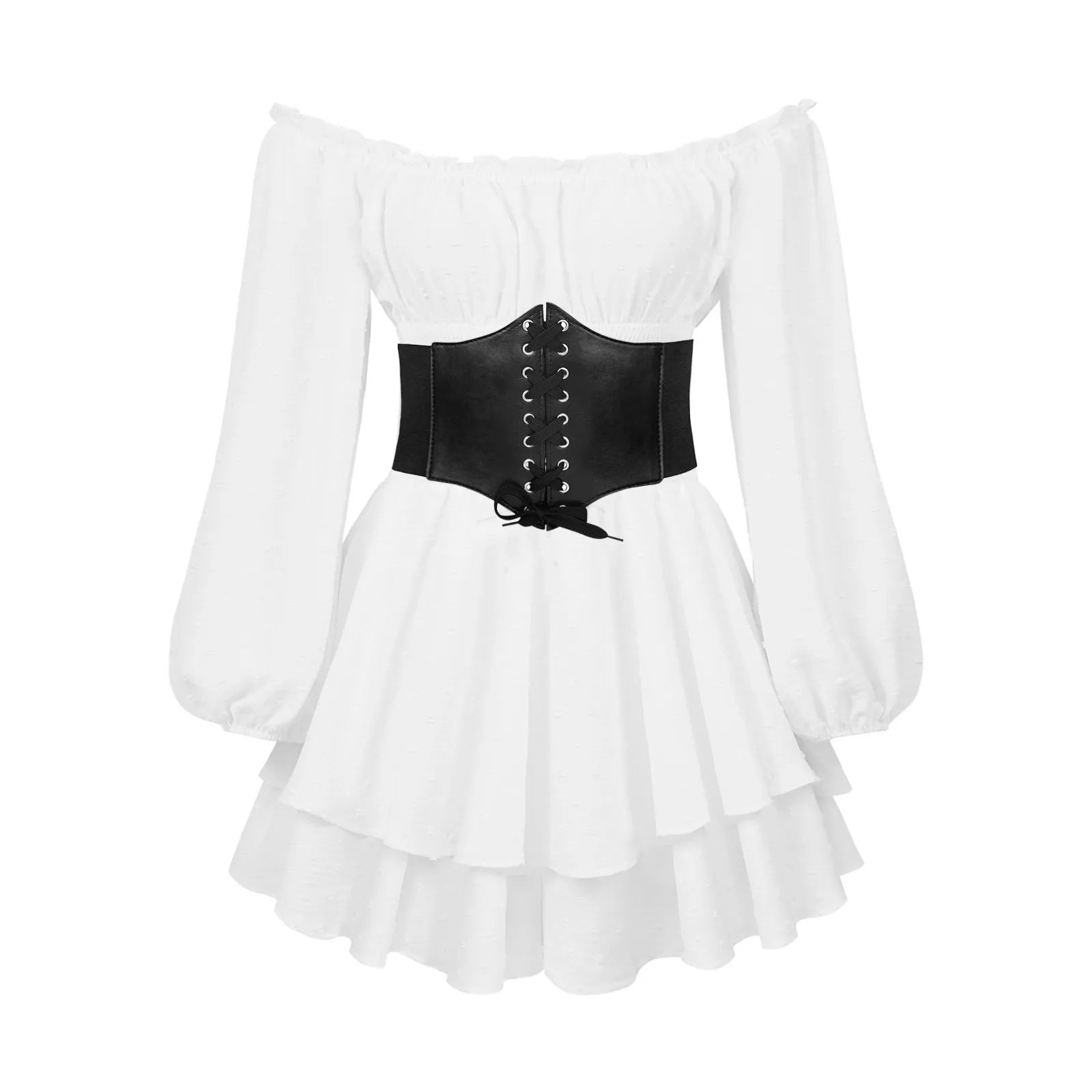 Women's Ruffles Romper Dress With Belt White A Line Long Sleeve Dress Off Shoulder Knee Length Ladies Elegant Dress Rave Outfits