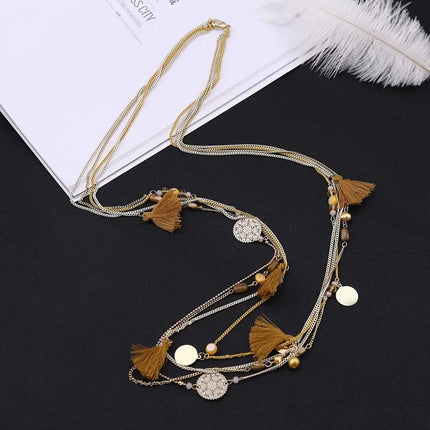 Handmade Shell Beads Long Necklace Copper Sheet Cotton Thread Tassel Multilayer Chain Necklaces Jewelry For Women Accessories