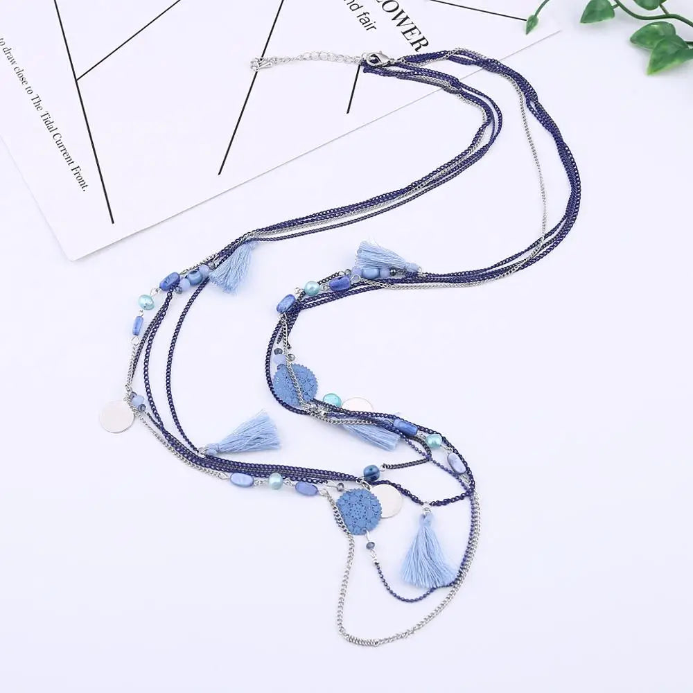 Handmade Shell Beads Long Necklace Copper Sheet Cotton Thread Tassel Multilayer Chain Necklaces Jewelry For Women Accessories