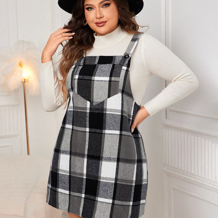 Oversized Fall Dresses For Women V Neck Plaid Sleeveless Wide Straps Casual Pockets Pinafore Mini Overall Bridesmaid Dresses