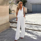 White cotton and linen vest set women's cardigan wide leg pants two-piece set