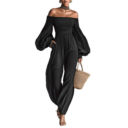 Style Off-Shoulder Lantern Sleeve Pleated Loose Jumpsuit for Women