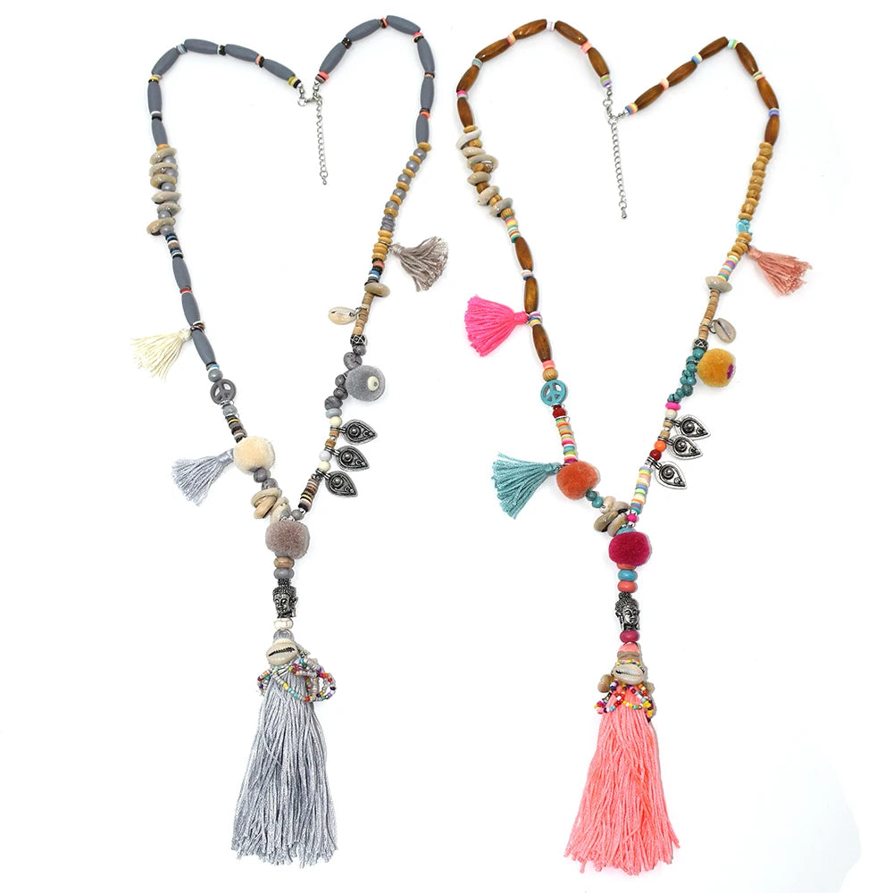 New Clothing accessories Bohemian ethnic beaded chains tassel Necklace colorful Pompoms long fringe Buddha Pendants Necklace