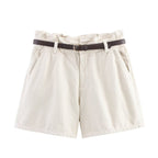 A-line belt denim casual shorts for women