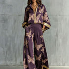 Style Women's Retro Printed Sexy Deep V Neck Loose Zipper Top with Wide Leg Pants Two-Piece Set