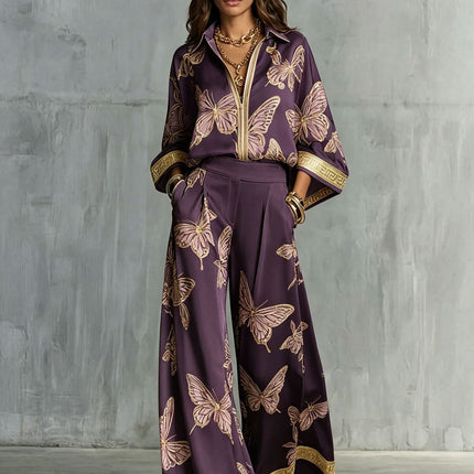 Style Women's Retro Printed Sexy Deep V Neck Loose Zipper Top with Wide Leg Pants Two-Piece Set