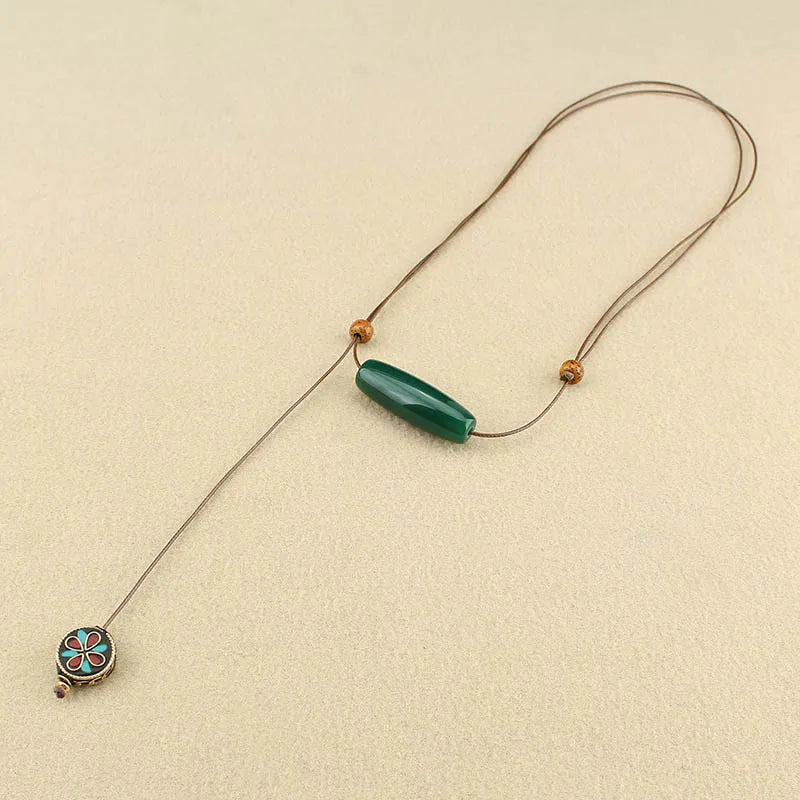 Ethnic style agate long sweater chain exotic style simple women's adjustable necklace cotton and linen clothing accessories give