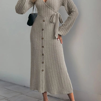 V-neck solid color button tied A-list knitted dress