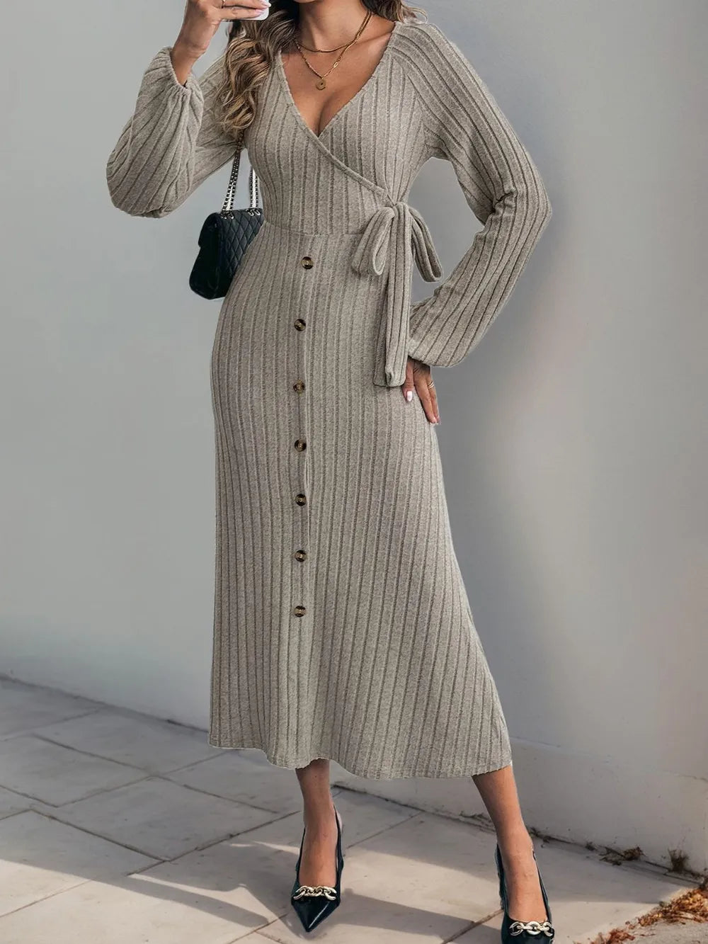 V-neck solid color button tied A-list knitted dress