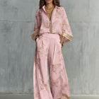 Style Women's Retro Printed Sexy Deep V Neck Loose Zipper Top with Wide Leg Pants Two-Piece Set