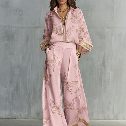 Style Women's Retro Printed Sexy Deep V Neck Loose Zipper Top with Wide Leg Pants Two-Piece Set