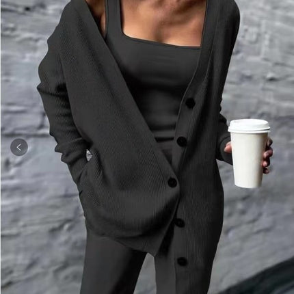 Solid color knitted jacket three piece set
