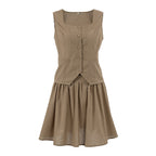 Cotton and linen vest short skirt set women's khaki A-line skirt