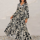 Smocked Printed Tie Neck Long Sleeve Dress