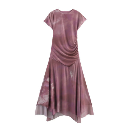 Stand up collar sleeveless asymmetrical pleated dress for women