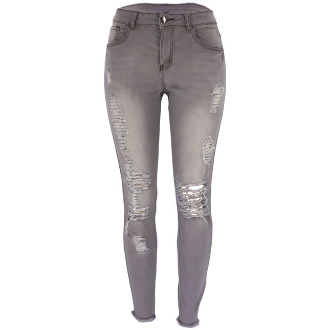 Summer high elasticity 9-point perforated women's clothing, tight fitting and hip lifting fashionable jeans with small feet