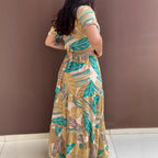 Hot Sale New Arrival -- In Stock Deep Yellow Full Plant Holiday Print Short Sleeve Waist Tie Belted Long Dress