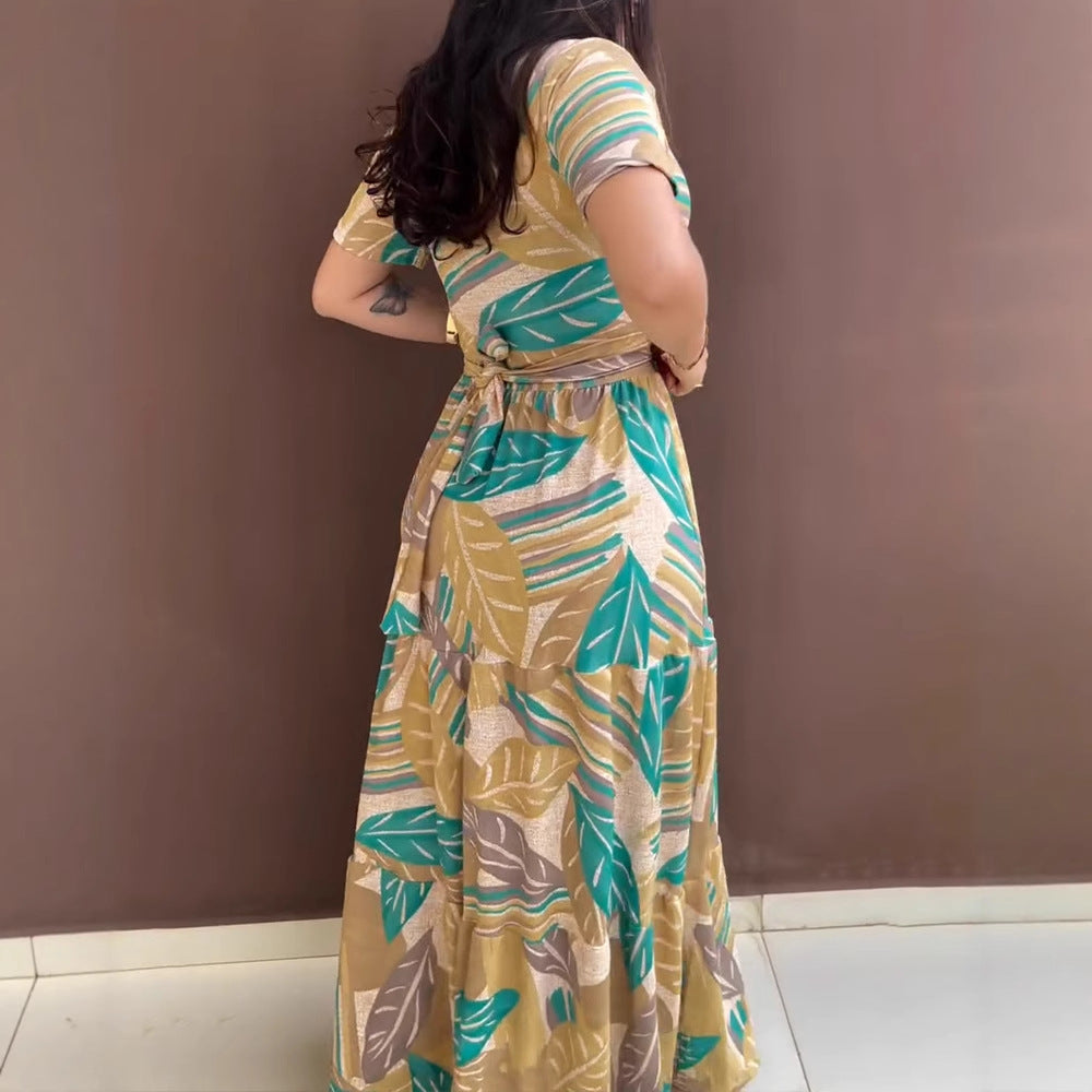 Hot Sale New Arrival -- In Stock Deep Yellow Full Plant Holiday Print Short Sleeve Waist Tie Belted Long Dress