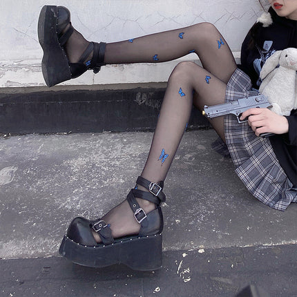 Black Silk Sexy Thin Blue Butterfly Printed Letters Ins Moisture-Proof Hook Silk Arbitrarily Cut White Socks Women