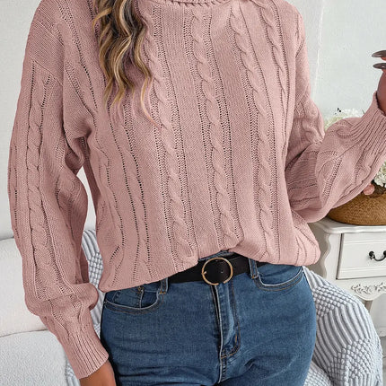 Cable-Knit Turtleneck Dropped Shoulder Sweater