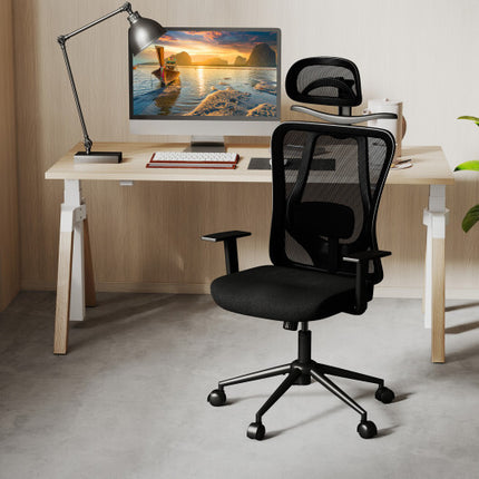 Ergonomic Office Chair with 3D Headrest and Reclining Backrest-Black - Color: Black
