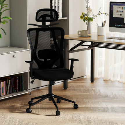 Ergonomic Office Chair with 3D Headrest and Reclining Backrest-Black - Color: Black