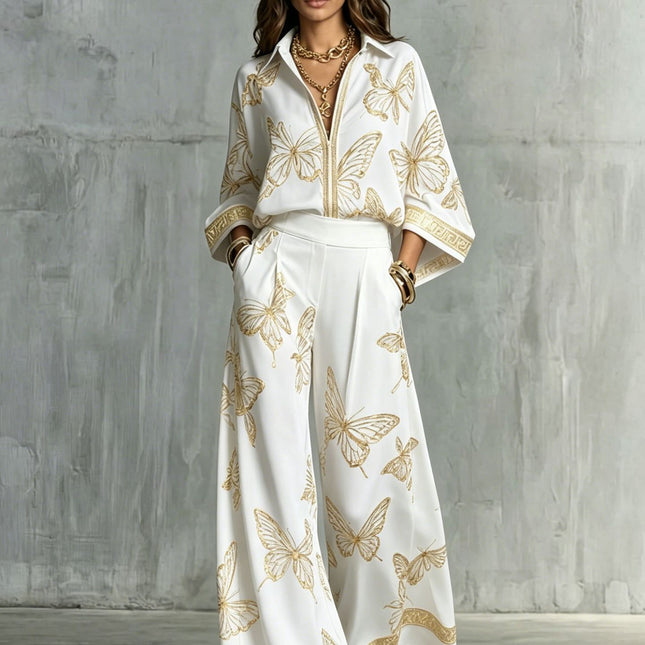 Style Women's Retro Printed Sexy Deep V Neck Loose Zipper Top with Wide Leg Pants Two-Piece Set