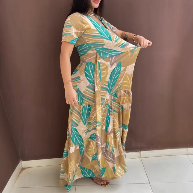 Hot Sale New Arrival -- In Stock Deep Yellow Full Plant Holiday Print Short Sleeve Waist Tie Belted Long Dress