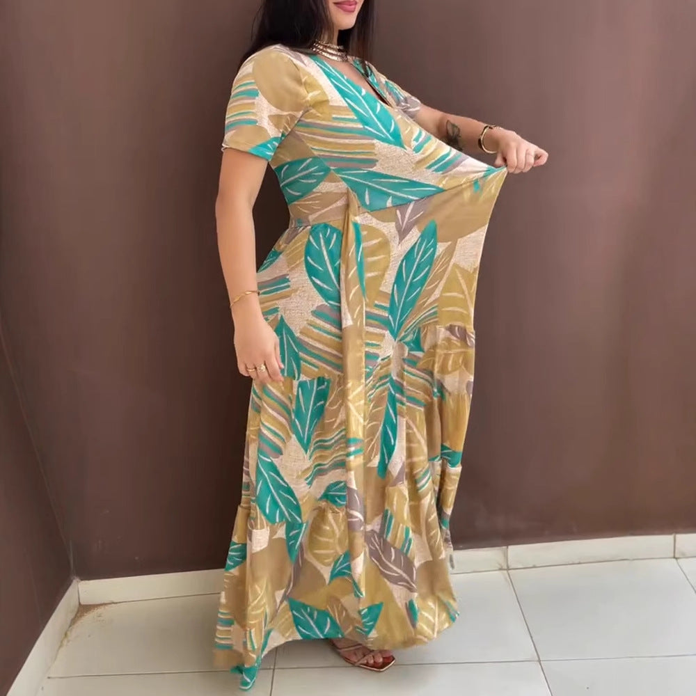 Hot Sale New Arrival -- In Stock Deep Yellow Full Plant Holiday Print Short Sleeve Waist Tie Belted Long Dress